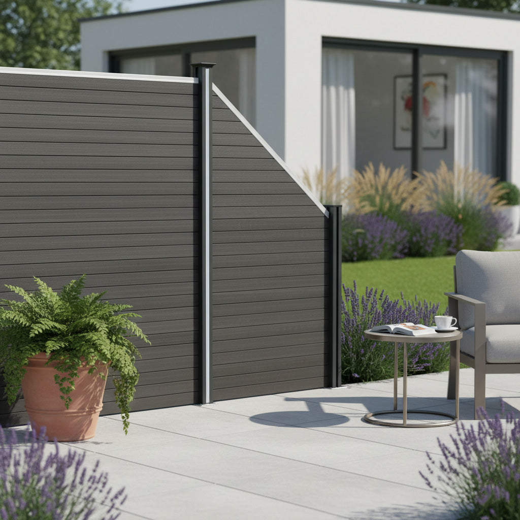 Vedação de Exterior em WPC e Alumínio – 1 Painel Oblíquo + 1 Poste | Cinza