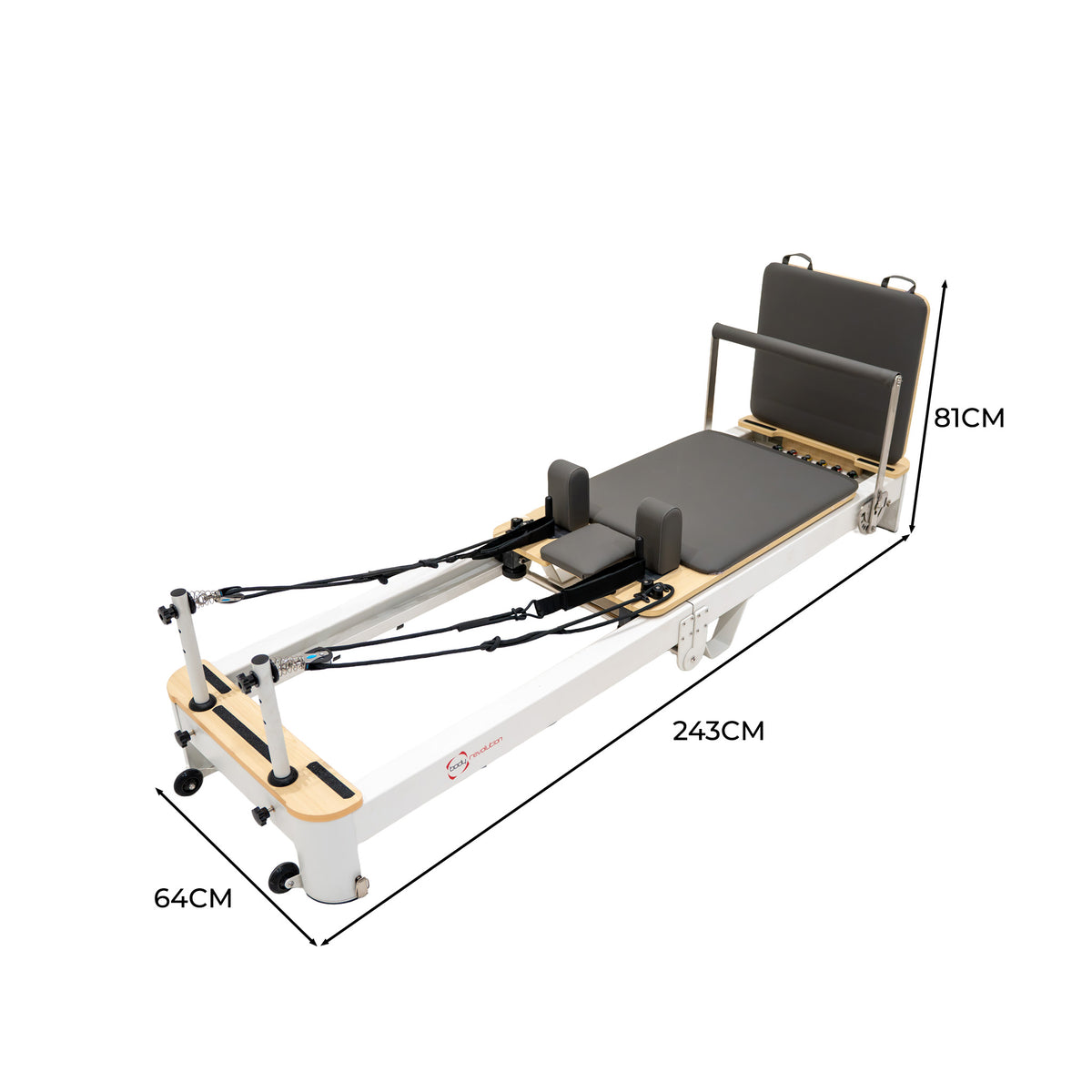 Reformer de Pilates dobrável em alumínio, com assento cinza e medidas de 243 cm x 64 cm x 81 cm, ideal para treinos em casa