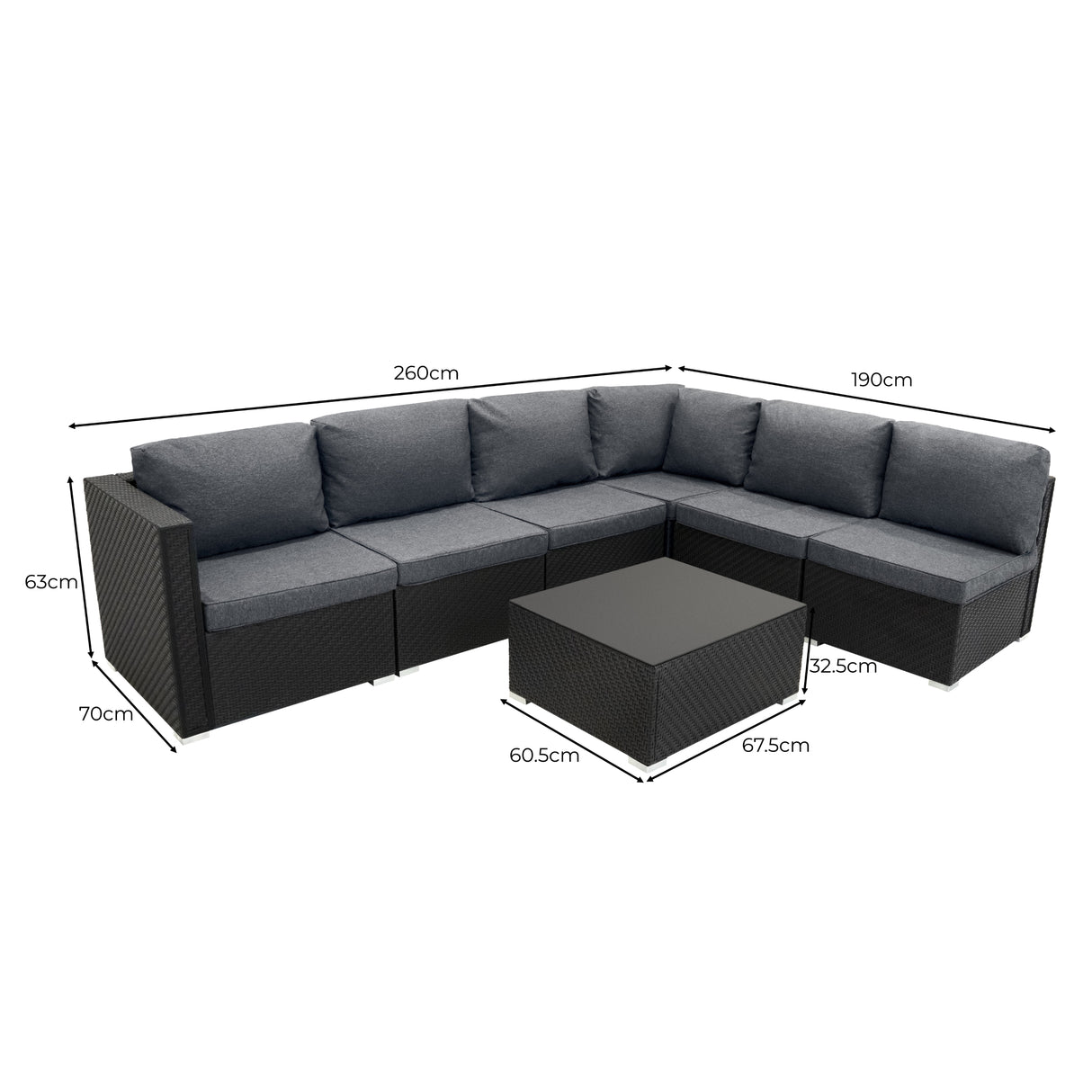 Conjunto Modular de Ratán (7 peças) com Caixa de Armazenamento 700L (Preto)