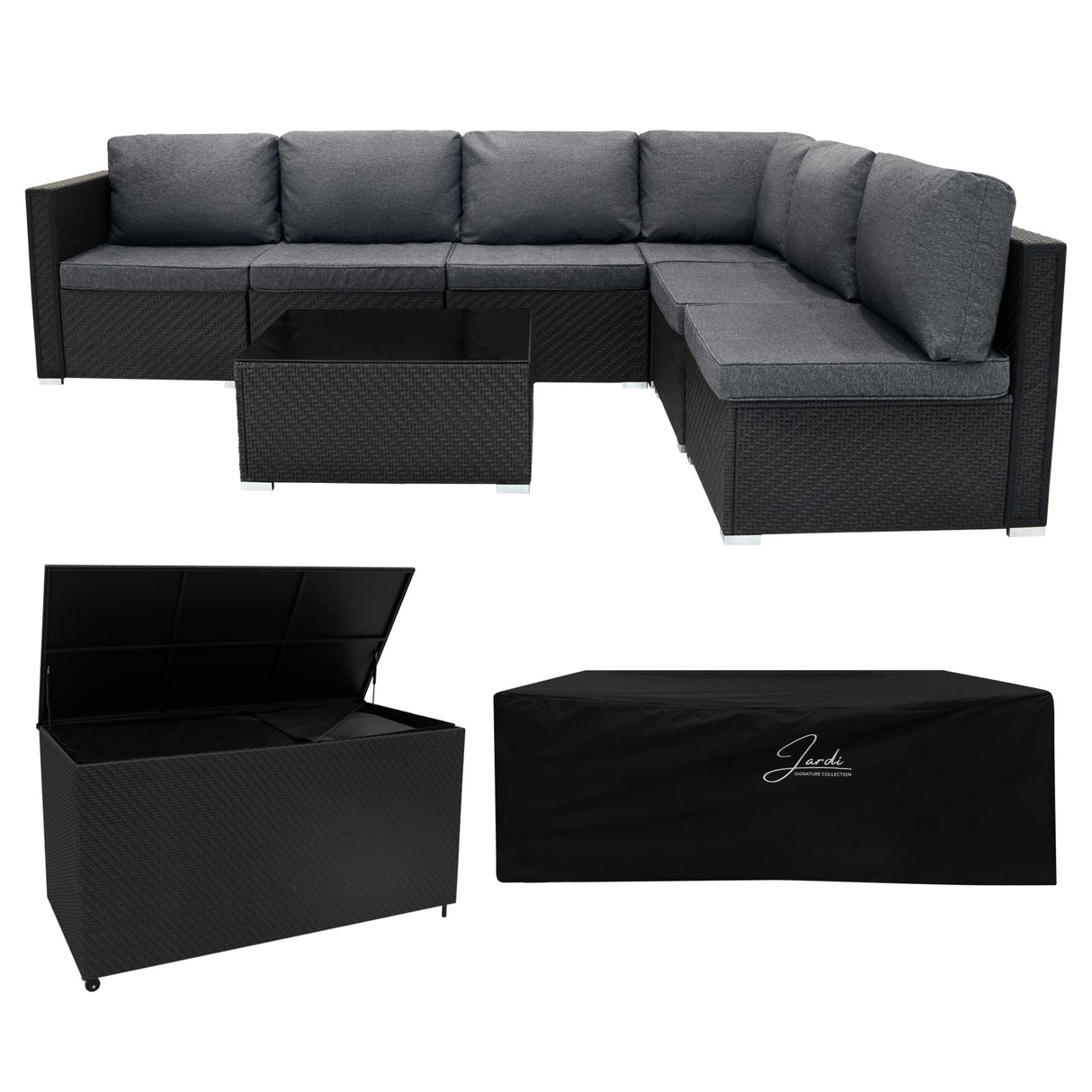 Conjunto Modular de Ratán (7 peças) com Caixa de Armazenamento 996L (Preto)