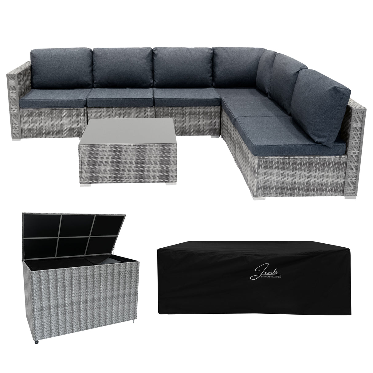 Conjunto Modular de Ratán (7 peças) com Caixa de Armazenamento 700L (Cinza)