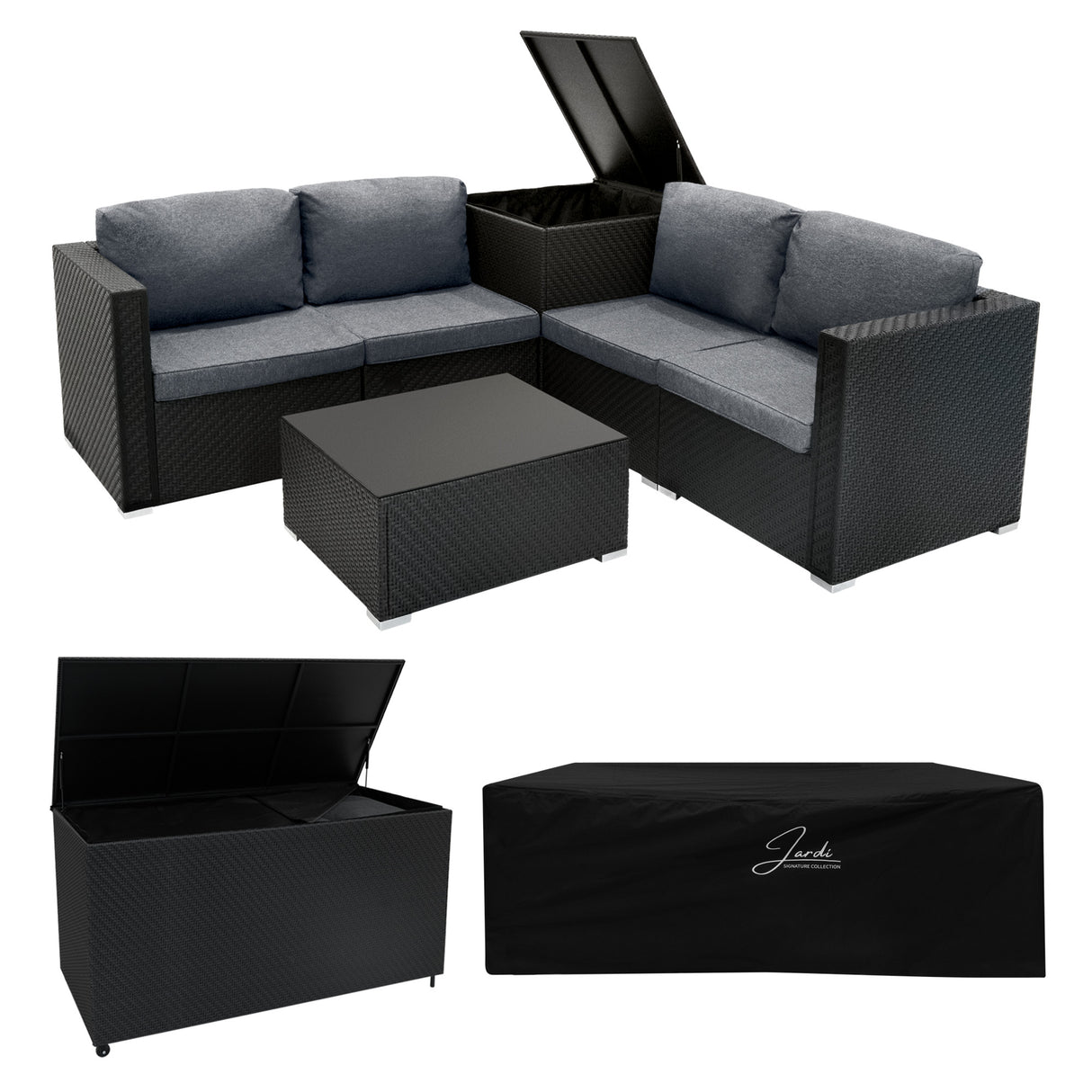 Conjunto Modular de Ratán (6 peças) com Caixa de Armazenamento 996L (Preto)