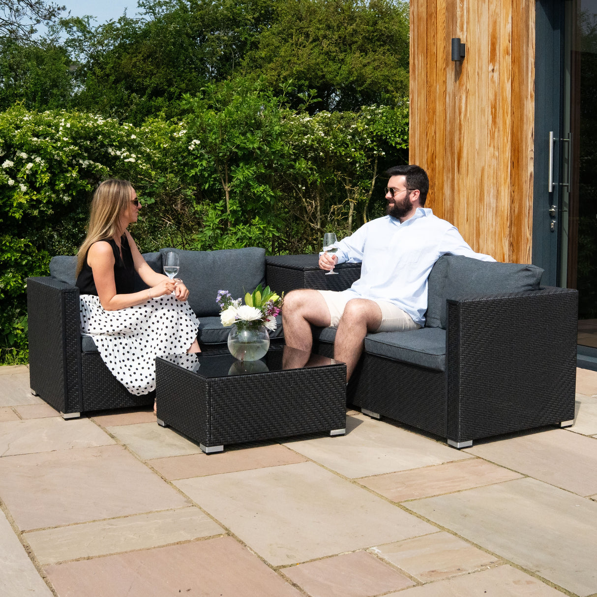 Conjunto Modular de Ratán (6 peças) com Caixa de Armazenamento 996L (Preto)