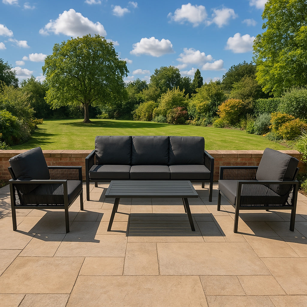 Conjunto de jardim de alumínio 5 lugares Cinza + Caixa em Rattan Preto