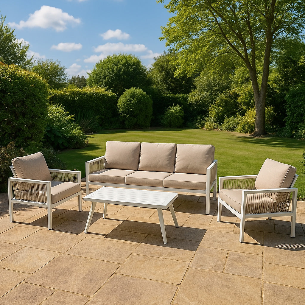 Conjunto de jardim de alumínio 5 lugares Branco + Caixa em Rattan Preto