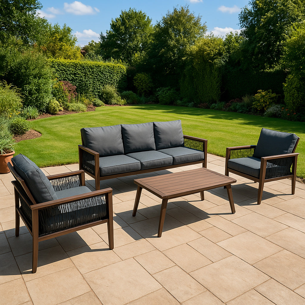 Conjunto de jardim de alumínio 5 lugares Efeito madeira + Caixa em Rattan Preto