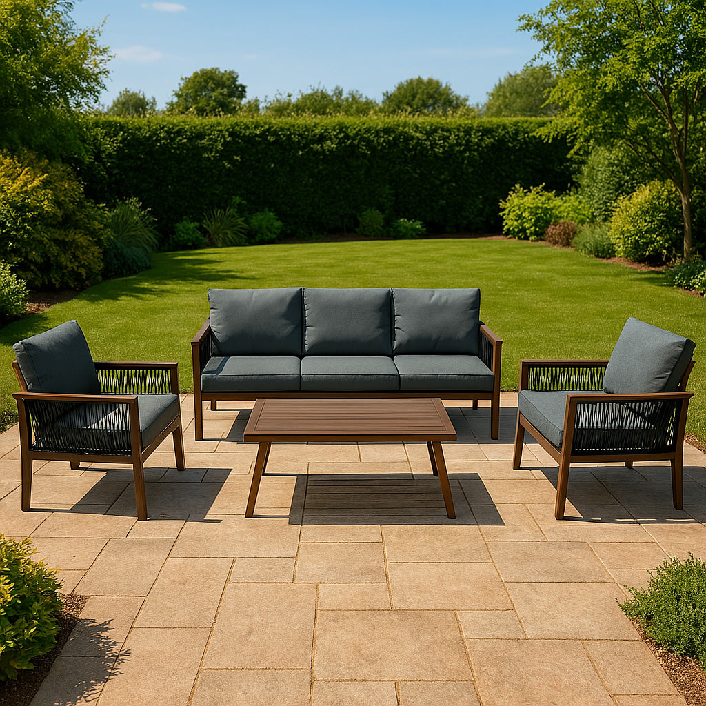 Conjunto de jardim de alumínio 5 lugares Efeito madeira + Caixa em Rattan Preto