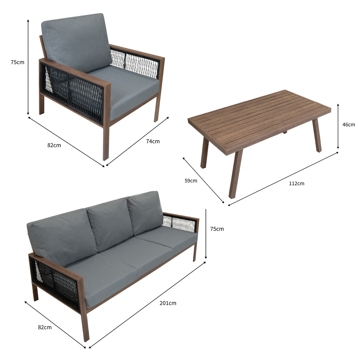 Conjunto de jardim de alumínio 5 lugares Efeito madeira + Caixa em Rattan Preto