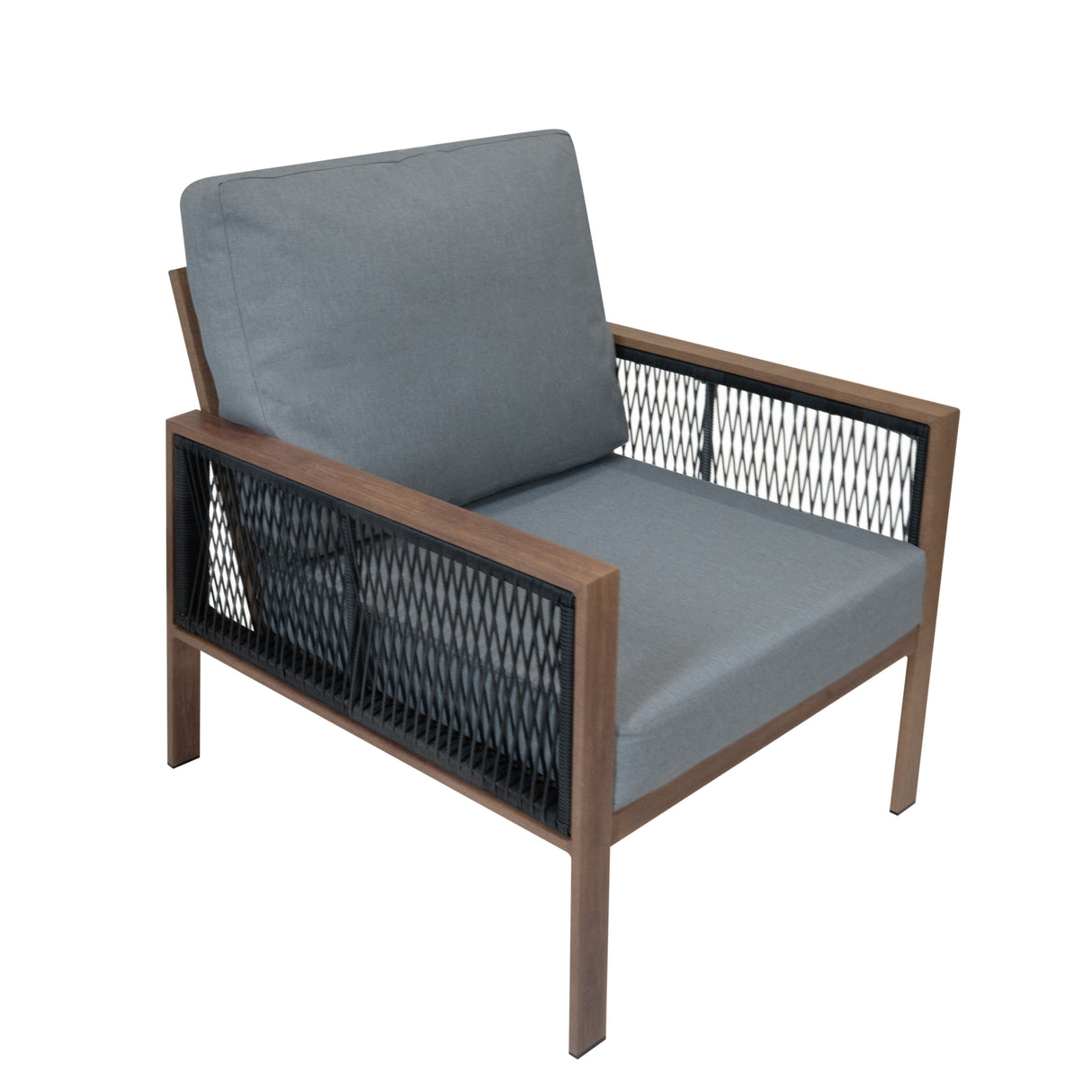 Conjunto de jardim de alumínio 5 lugares Efeito madeira + Caixa em Rattan Preto