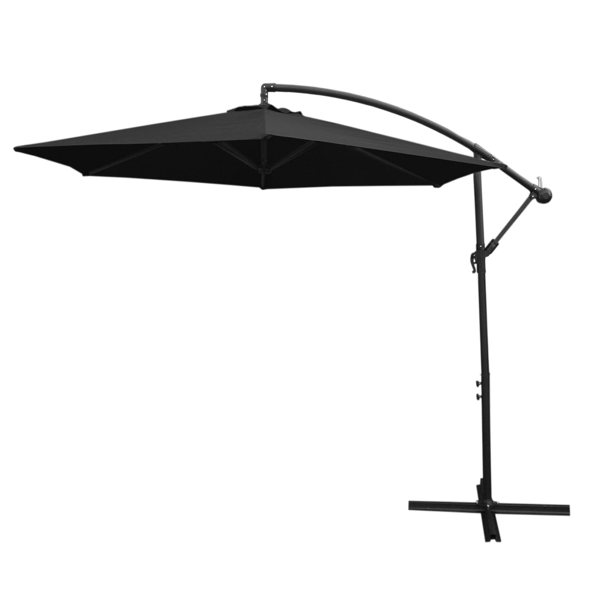Guarda-sol preto com estrutura curva, ideal para complementar o conjunto de sofá antracite de 4 peças, proporcionando sombra e conforto