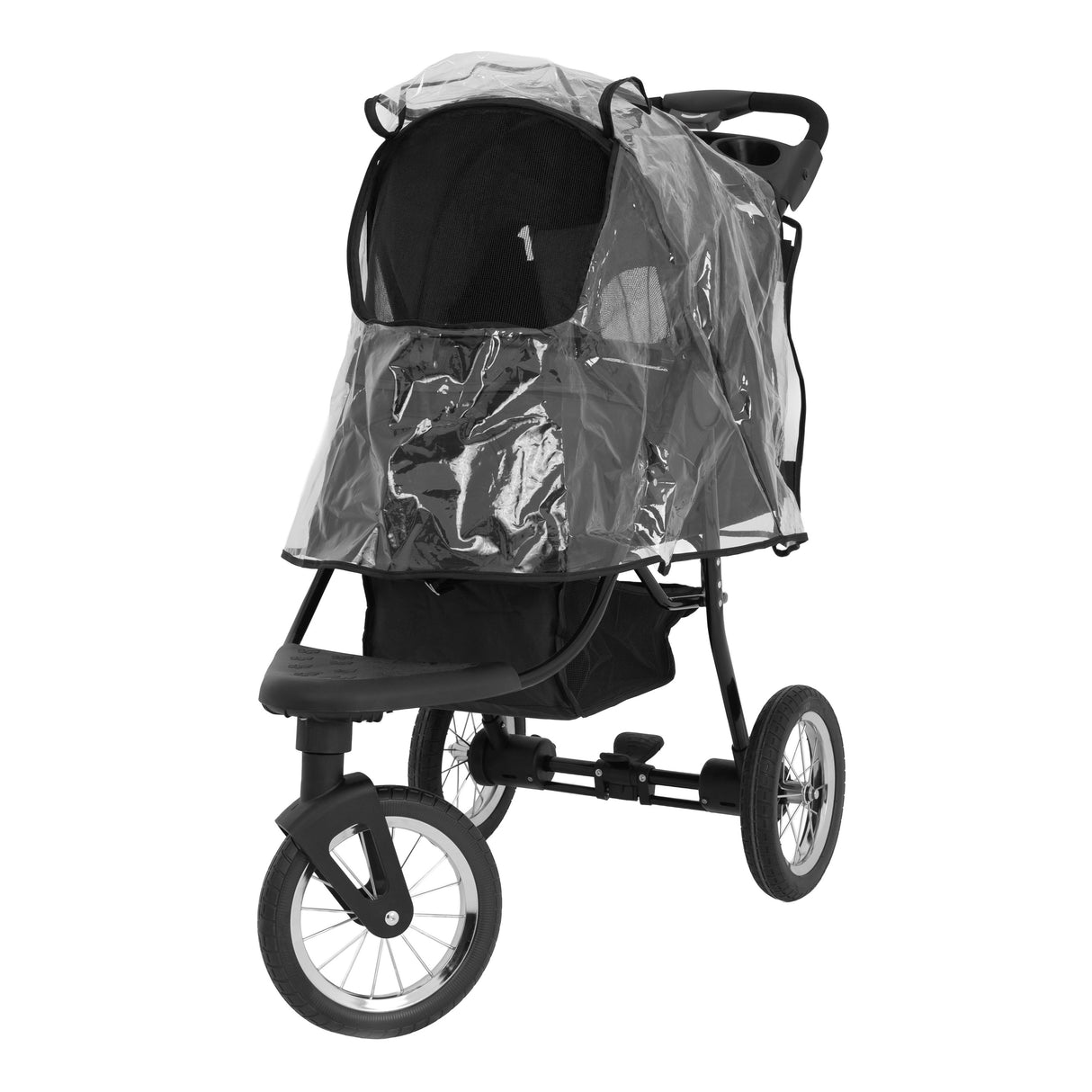 Carrinho para animais de estimação na cor preta, com capota transparente, rodas grandes e estrutura resistente, ideal para passeios confortáveis