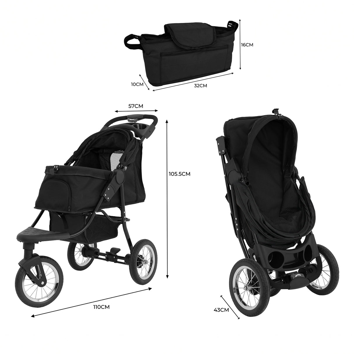Carrinho de pet preto com estrutura leve, rodas grandes, assento espaçoso e bolso frontal para acessórios, ideal para passeios confortáveis