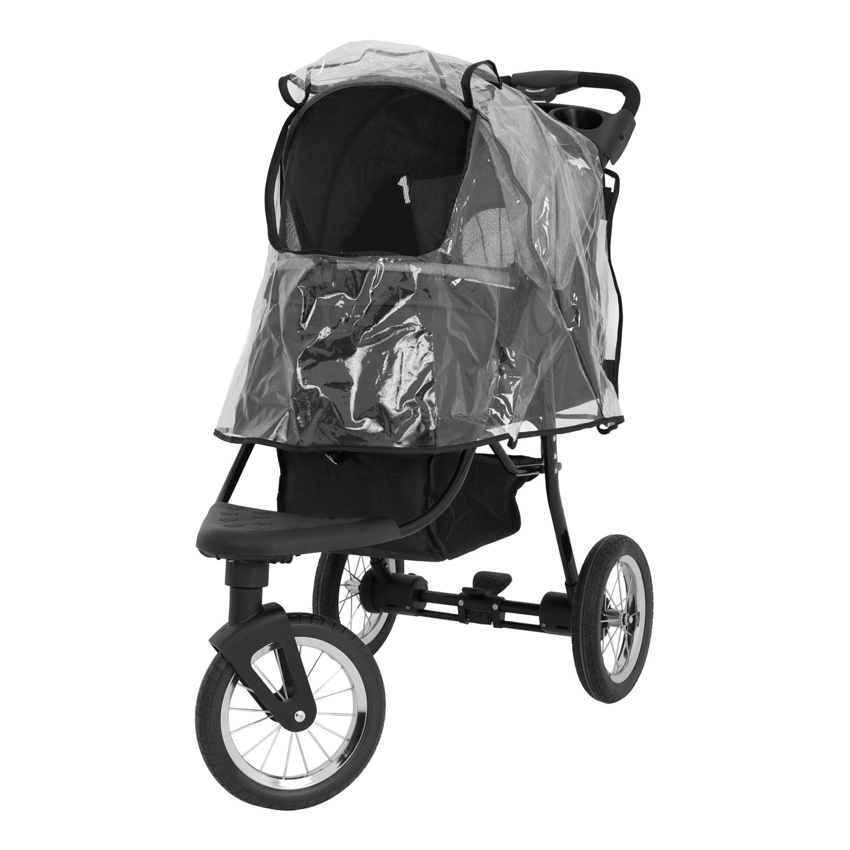 Carrinho para animais de estimação cinza com capota transparente, rodas grandes e estrutura robusta, ideal para passeios confortáveis
