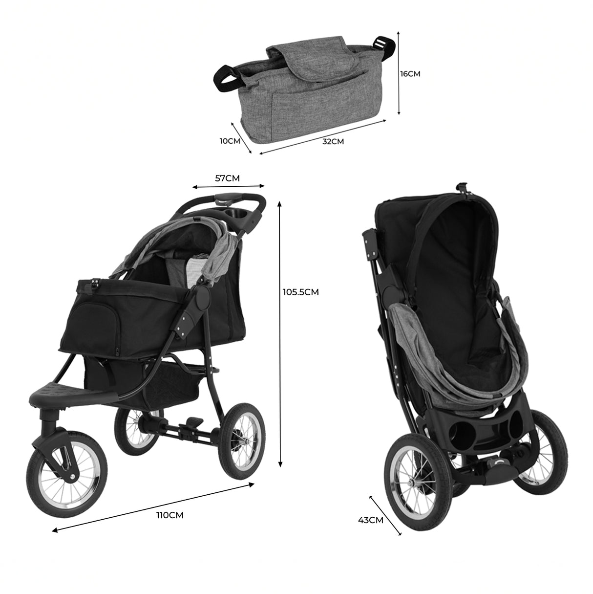 Carrinho para animais de estimação cinza, com assento espaçoso, rodas grandes e bolsa de transporte, ideal para passeios confortáveis