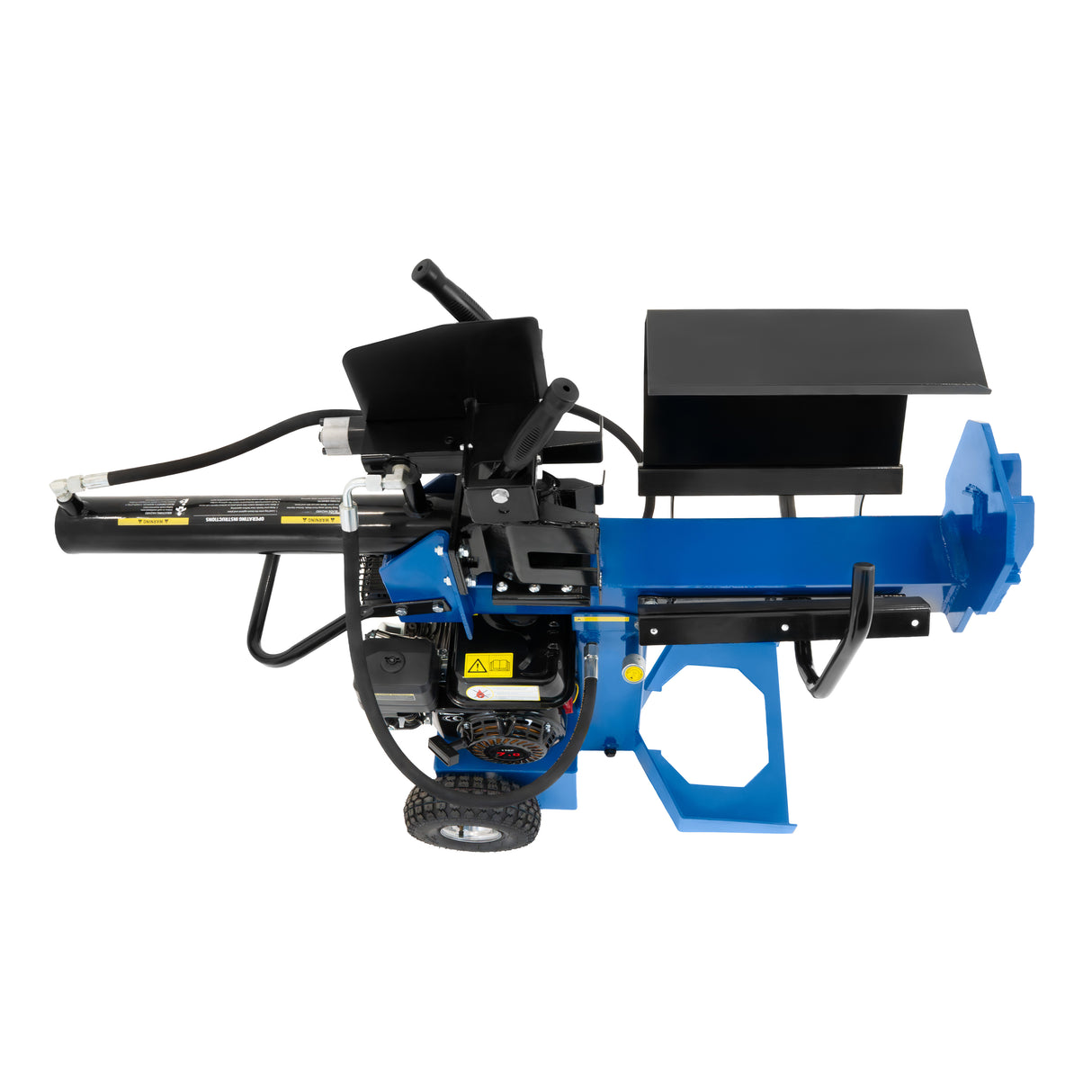 Rachador de lenha 15T em azul e preto, com rodas, motor visível e mesa de apoio, ideal para cortar troncos com eficiência