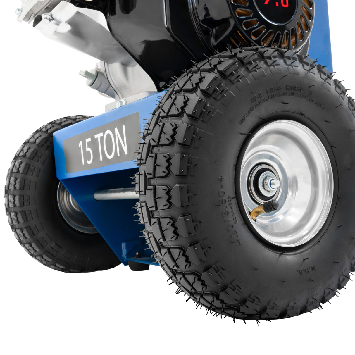 Rachador de lenha 15T com rodas robustas, pneus texturizados e estrutura em azul, ideal para facilitar o corte de madeira
