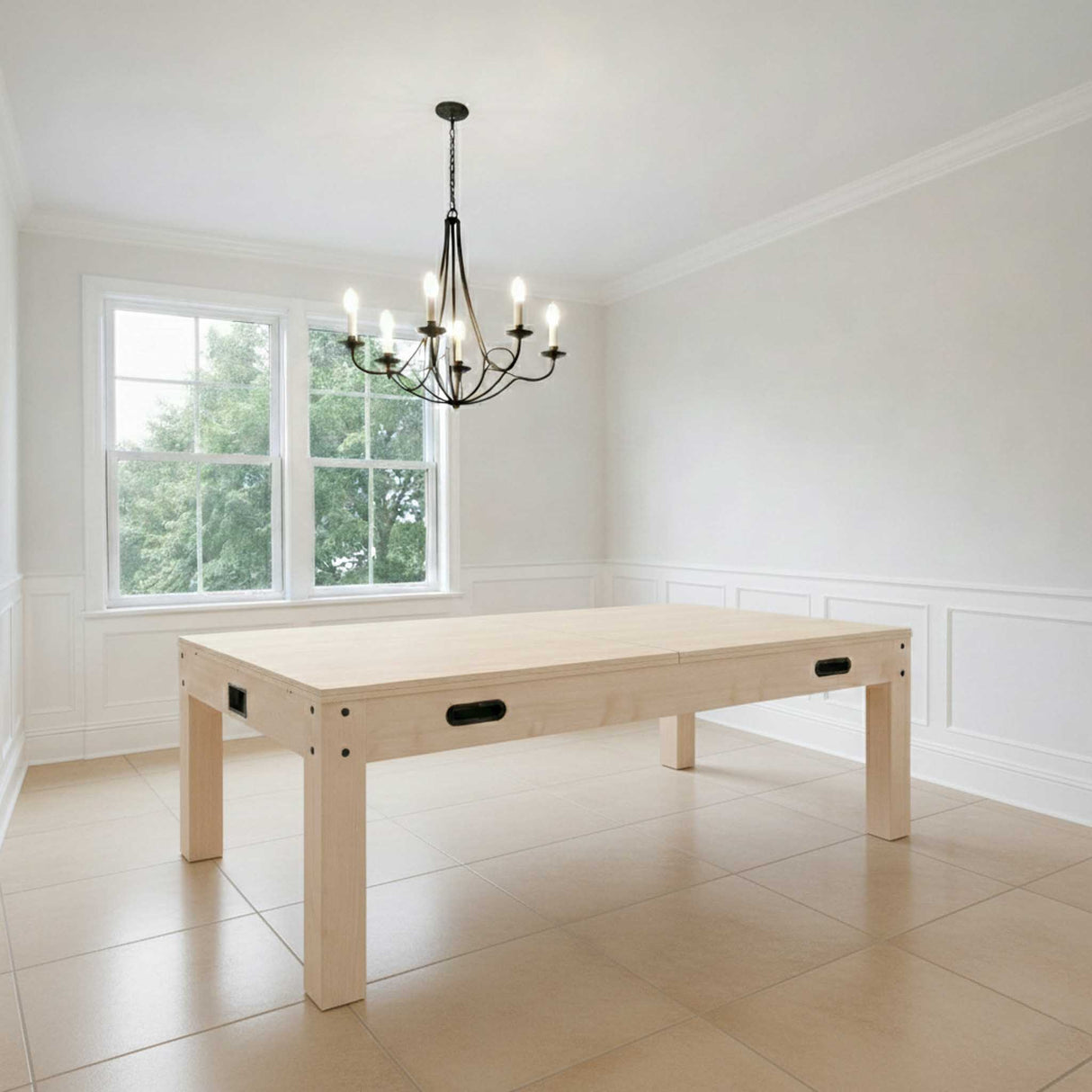 Mesa de jogos 7 em 1 em carvalho claro, com design moderno e acabamento liso, ideal para diversos jogos em ambientes elegantes