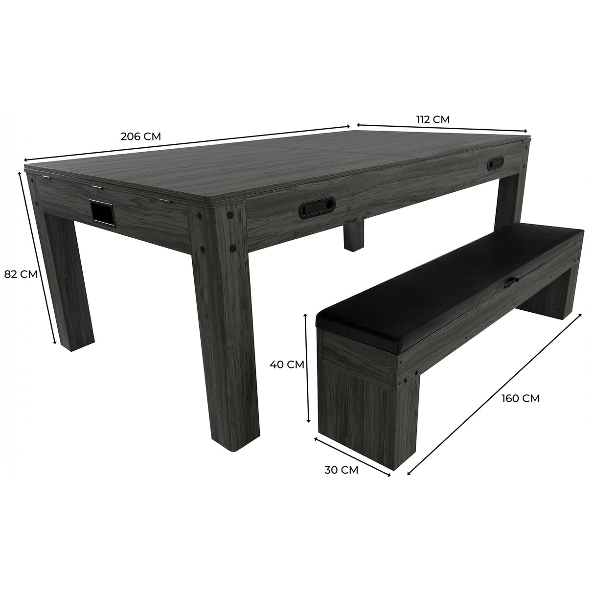 Mesa de jogos 7 em 1 cinza com banco de arrumação, estrutura retangular, acabamento texturizado e medidas detalhadas para uso versátil