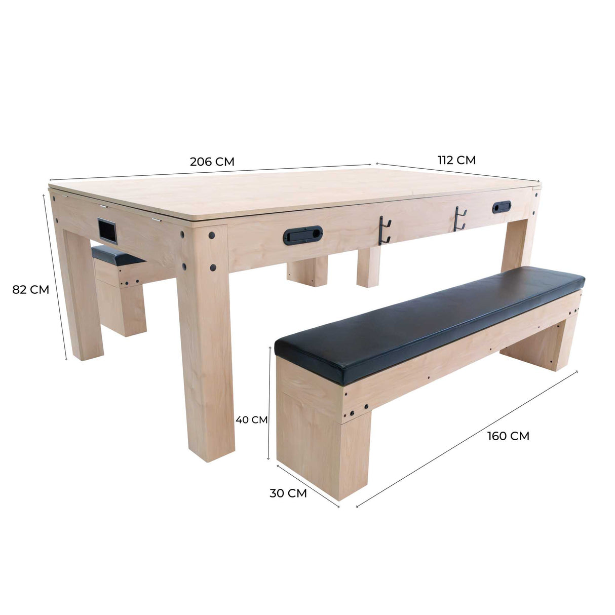 Mesa de jogos de carvalho clara com dois bancos, espaço de arrumação e medidas de 206 cm x 112 cm, ideal para entretenimento