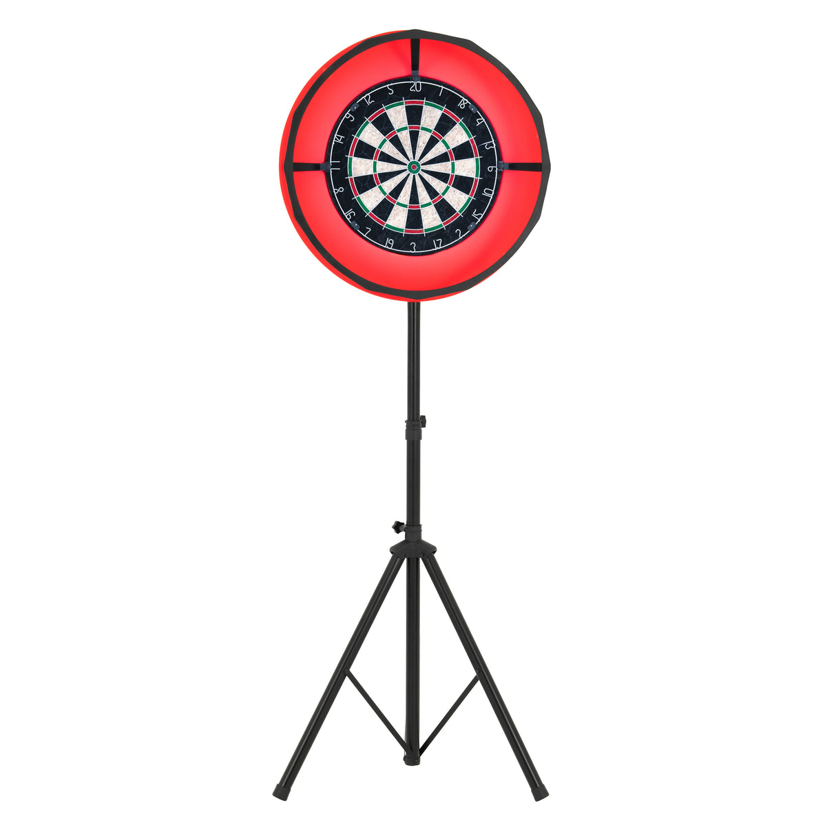 Jogo de dardos com moldura LED vermelha, suporte ajustável em preto, alvo com design clássico em branco e preto, ideal para diversão em casa