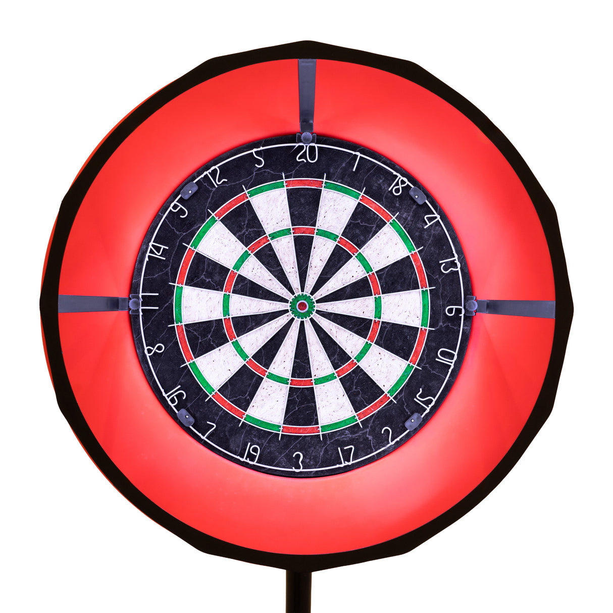 Jogo de dardos com moldura LED em vermelho, apresentando um alvo circular com números e seções em preto e branco, ideal para diversão noturna