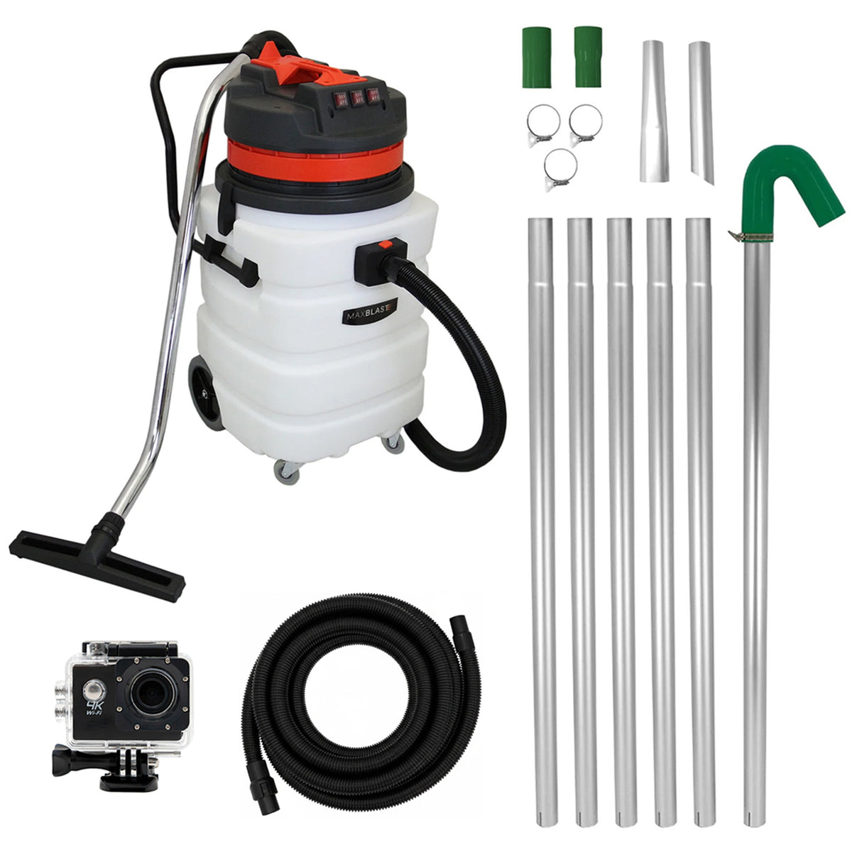 Kit de Limpeza de Calhas com Aspirador 90 L (Mangueira de 5m), Tubos Extensíveis e Câmara 4K