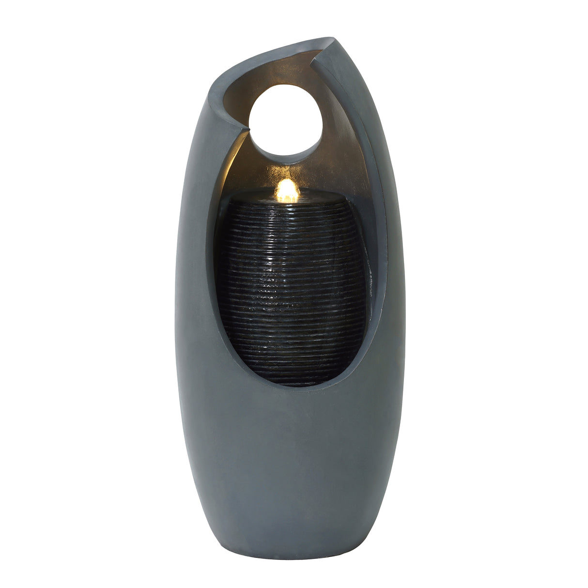 Fonte de água elétrica para jardim "Radiant Falls", com design moderno em cinza, textura suave e luz interna suave, ideal para decoração externa