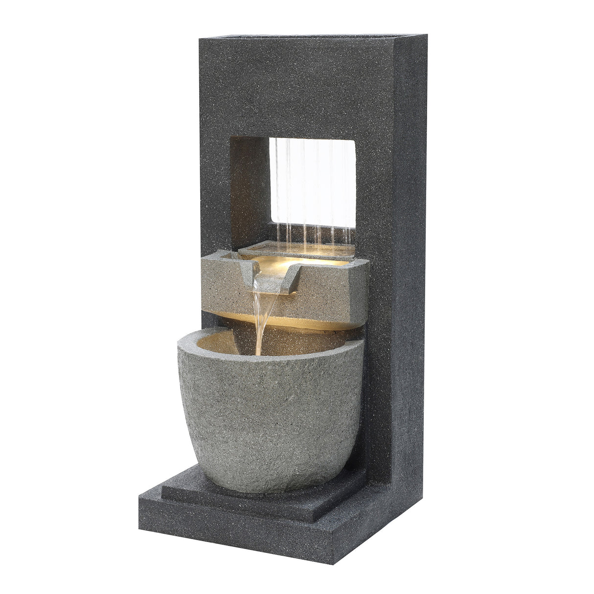 Fonte de água elétrica para jardim "Cascade Springs", com design moderno em pedra cinza, água fluindo suavemente em camadas