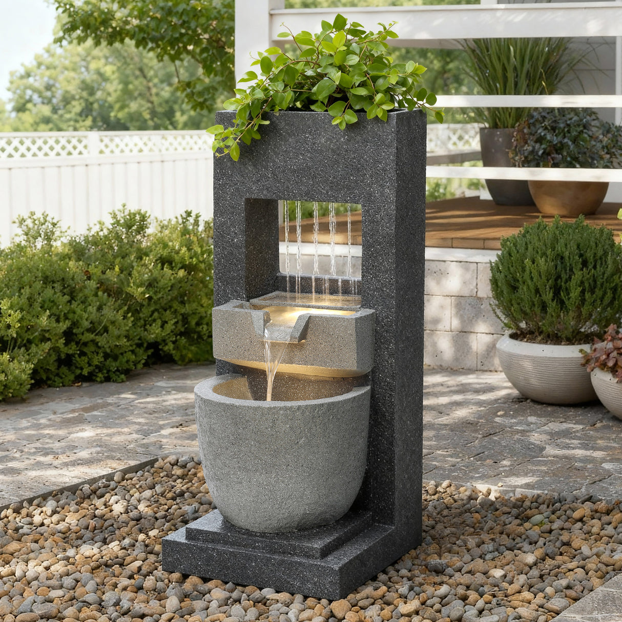Fonte de água elétrica em estilo moderno, com estrutura de pedra cinza, água fluindo suavemente e plantas verdes decorativas no topo