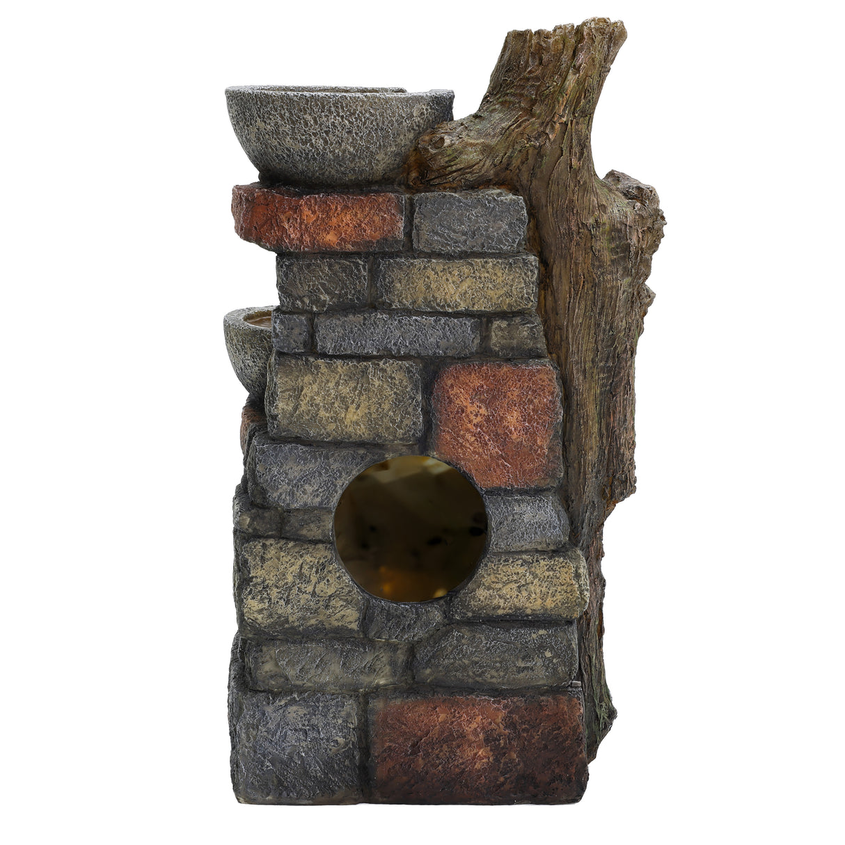 Fonte de água elétrica para jardim "Rustic Brook", com textura de pedra, detalhes em madeira e bacias em tons de cinza e marrom