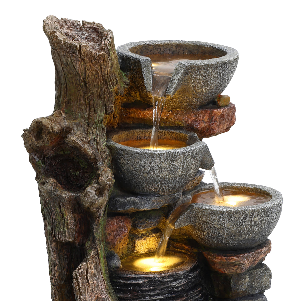 Fonte de água elétrica para jardim "Rustic Brook" com três bacias de pedra, água fluindo suavemente, textura rústica e natural