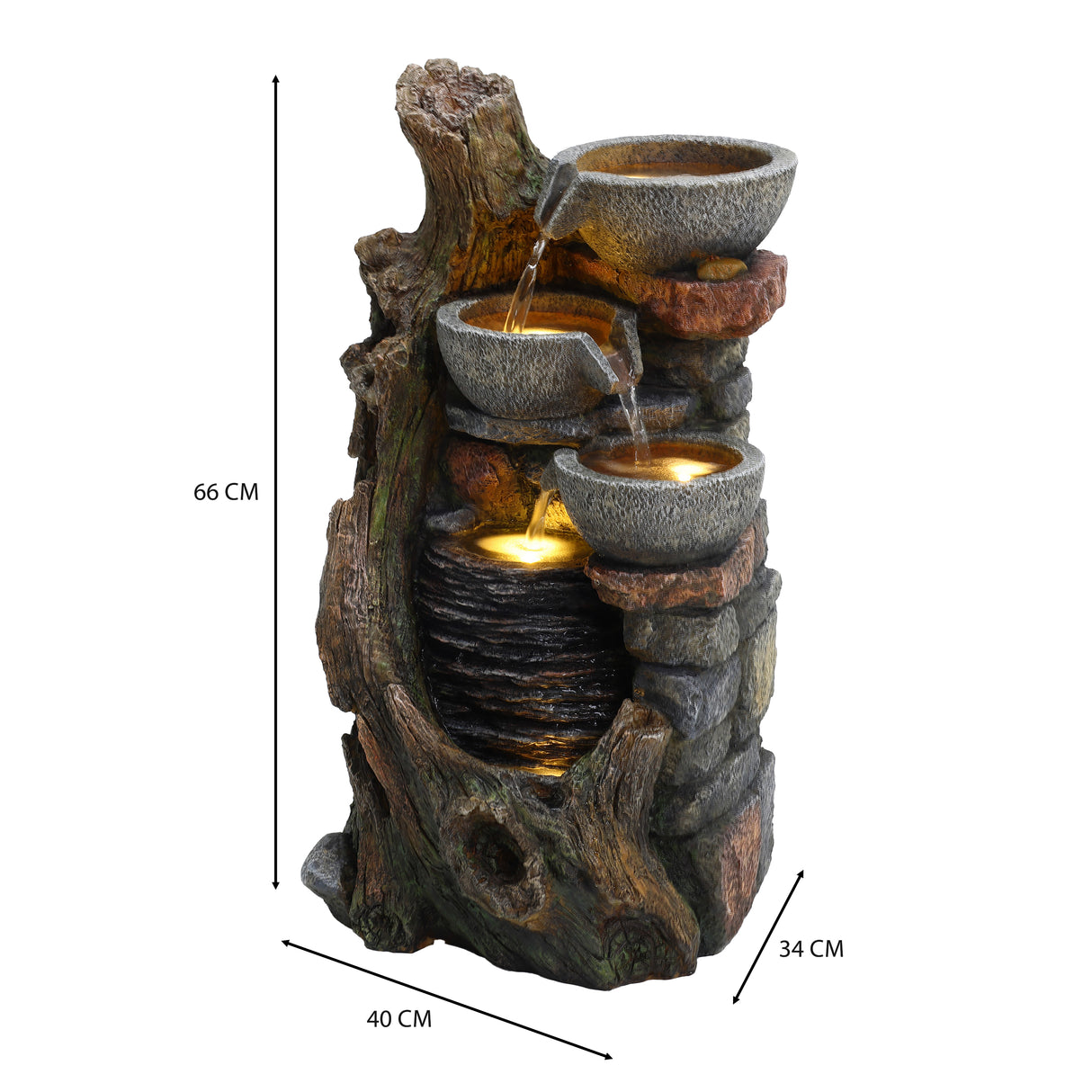 Fonte de água elétrica para jardim "Rustic Brook", com design de tronco de árvore, três bacias em pedra e água fluindo suavemente
