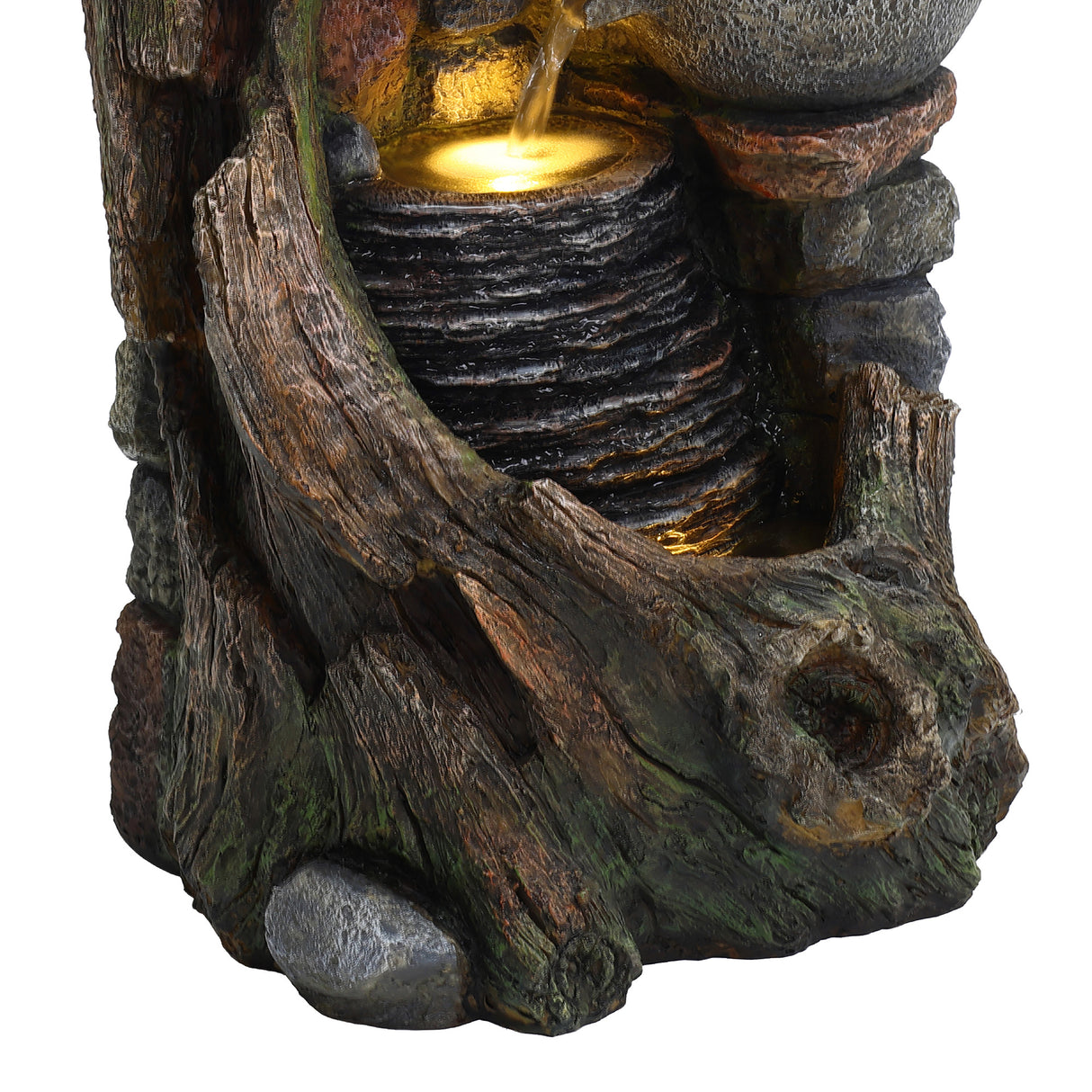Fonte de água elétrica para jardim "Rustic Brook", com acabamento em pedra e madeira, apresentando camadas de rochas e luz suave