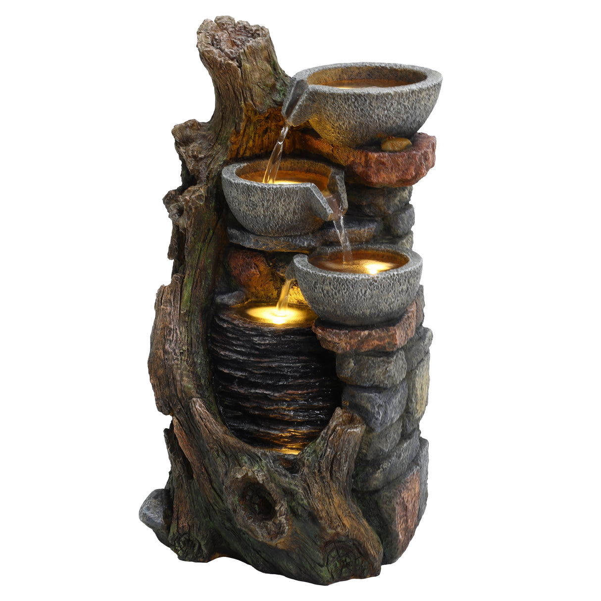 Fonte de água elétrica para jardim "Rustic Brook" com três bacias em pedra, textura rústica e detalhes em madeira natural