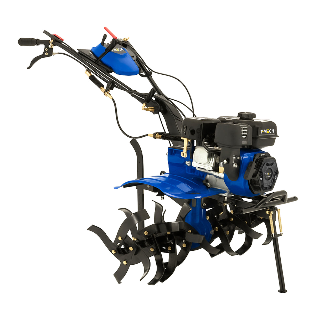 Motocultivador a gasolina 7.5 CV com design robusto, cor azul vibrante, lâminas pretas e motor potente para jardinagem eficiente