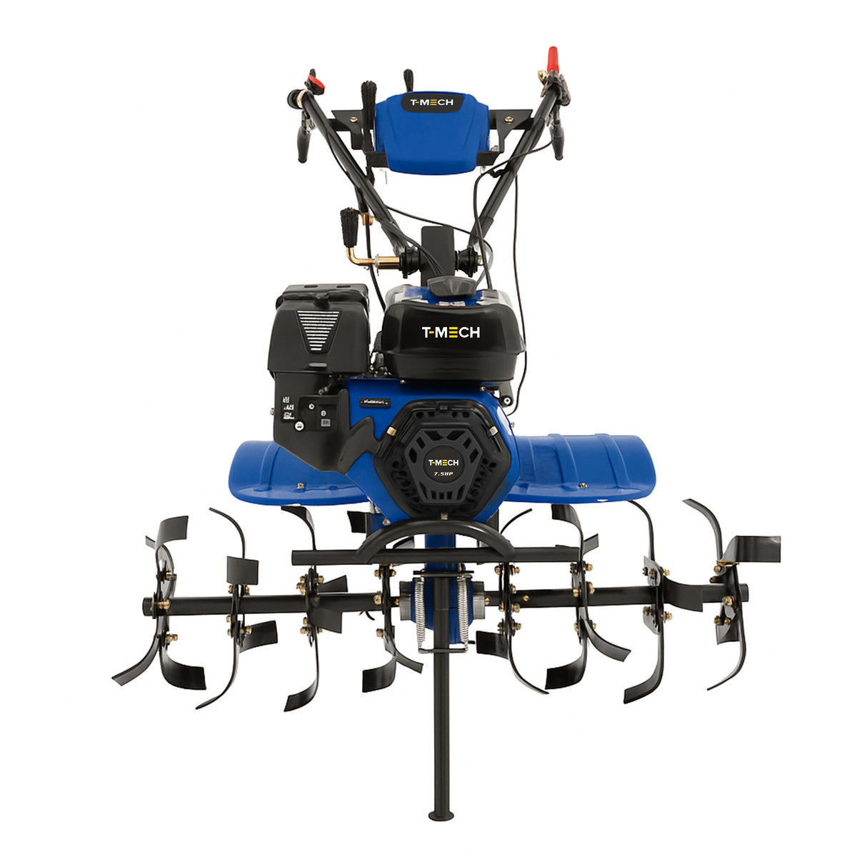 Motocultivador a gasolina 7.5 CV com estrutura azul e preta, lâminas metálicas afiadas e guidão ajustável para fácil manuseio