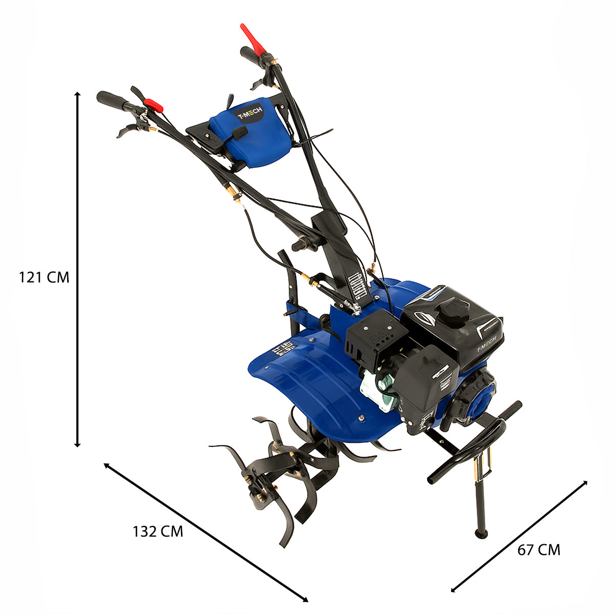 Motocultivador a gasolina 7.5 CV em azul, com lâminas afiadas, guidão ajustável e motor potente, ideal para jardinagem e cultivo de solo