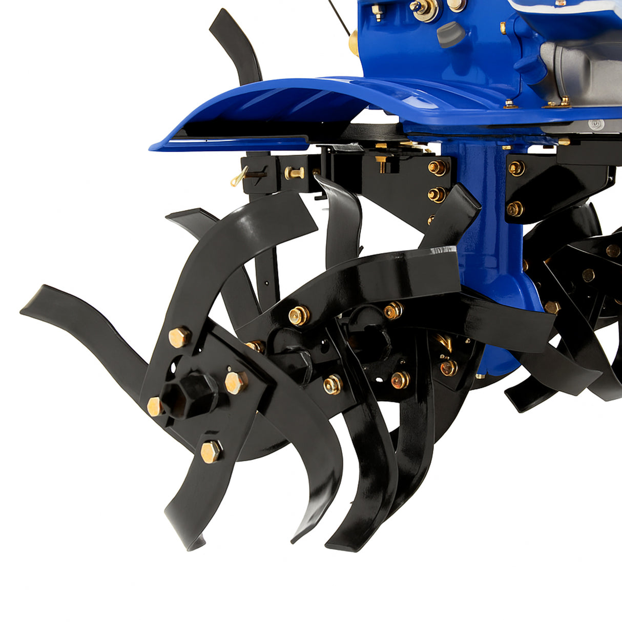 Motocultivador a gasolina 7.5 CV com lâminas pretas, estrutura azul e detalhes em dourado, ideal para cultivo eficiente do solo