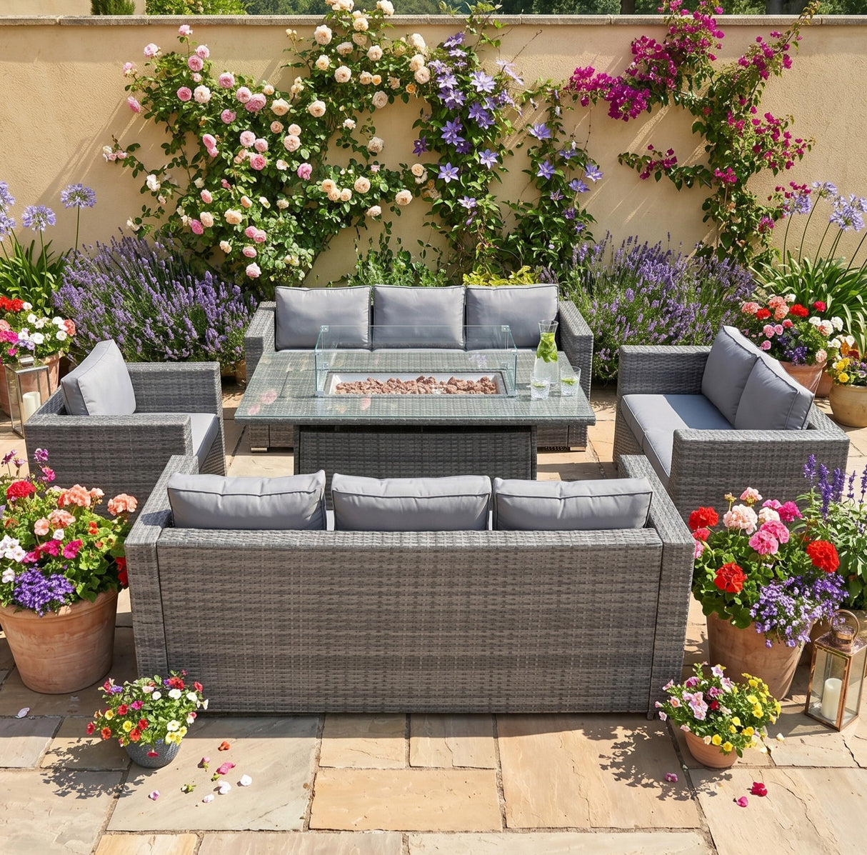 Conjunto de Jardim em Rattan 8 Lugares com Mesa de Fogo a Gás – Cinzento