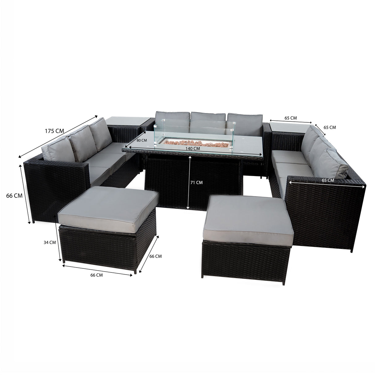 Conjunto de Jardim em Rattan 11 Lugares com Mesa de Fogo a Gás – Preto