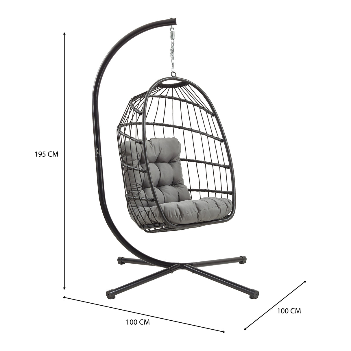 Cadeira suspensa tipo ovo em rattan preto, com estrutura metálica e almofadas cinzas, ideal para relaxar e decorar ambientes modernos