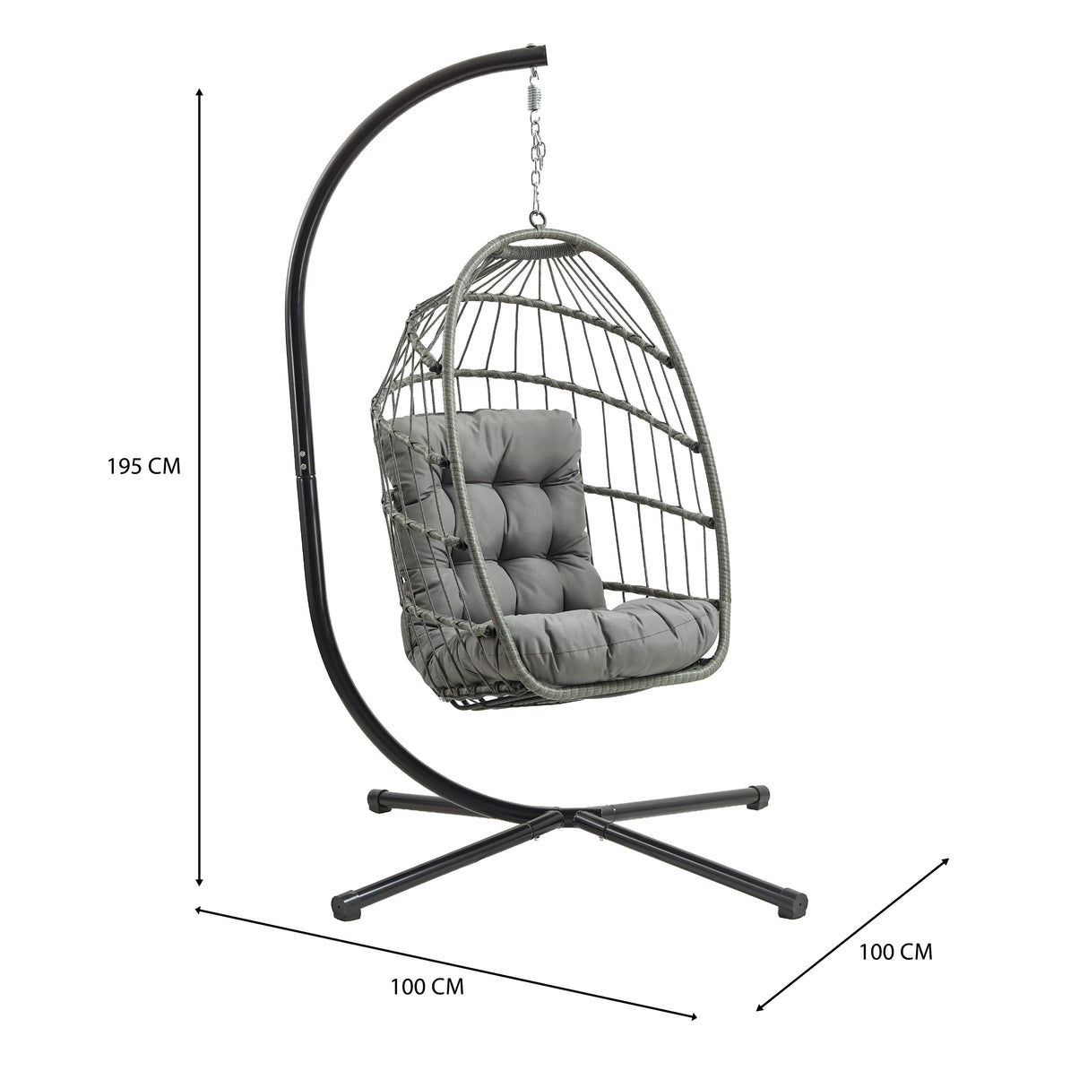 Cadeira suspensa tipo ovo em rattan cinzento com estrutura metálica, almofadas confortáveis e design moderno, ideal para relaxar