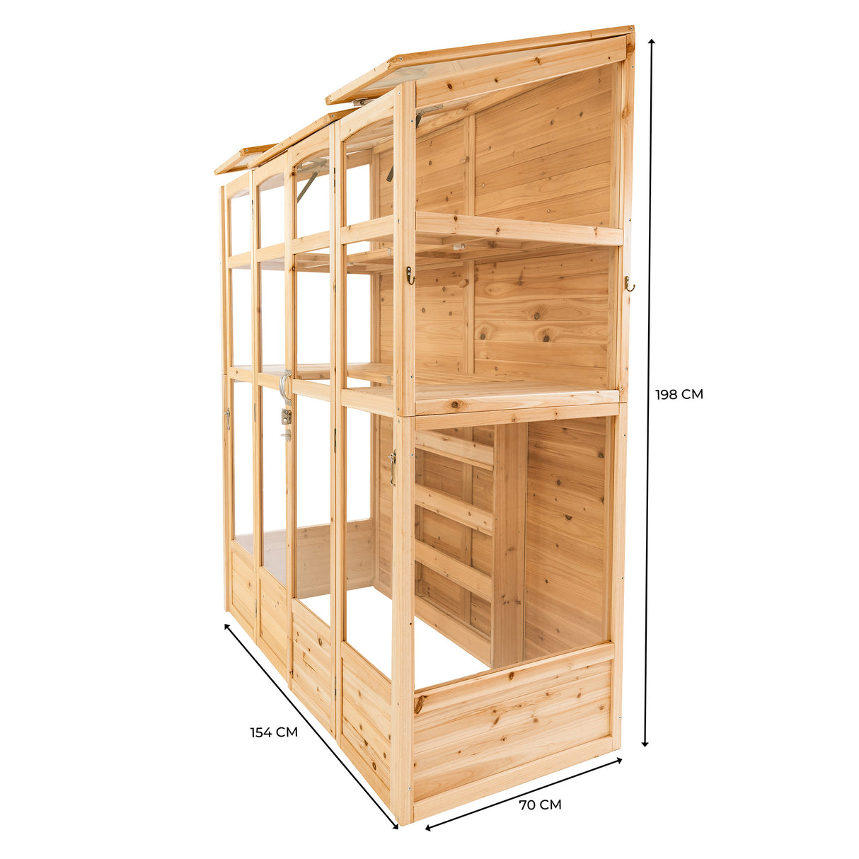 Estufa de madeira em estilo vitoriano, com prateleiras internas, acabamento natural e dimensões de 154x70x198 cm, ideal para jardinagem