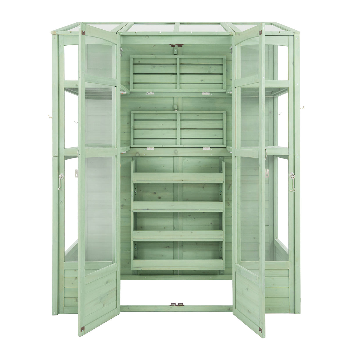Estufa de madeira vitoriana verde, com portas de vidro, prateleiras internas e acabamento rústico, ideal para cultivo de plantas