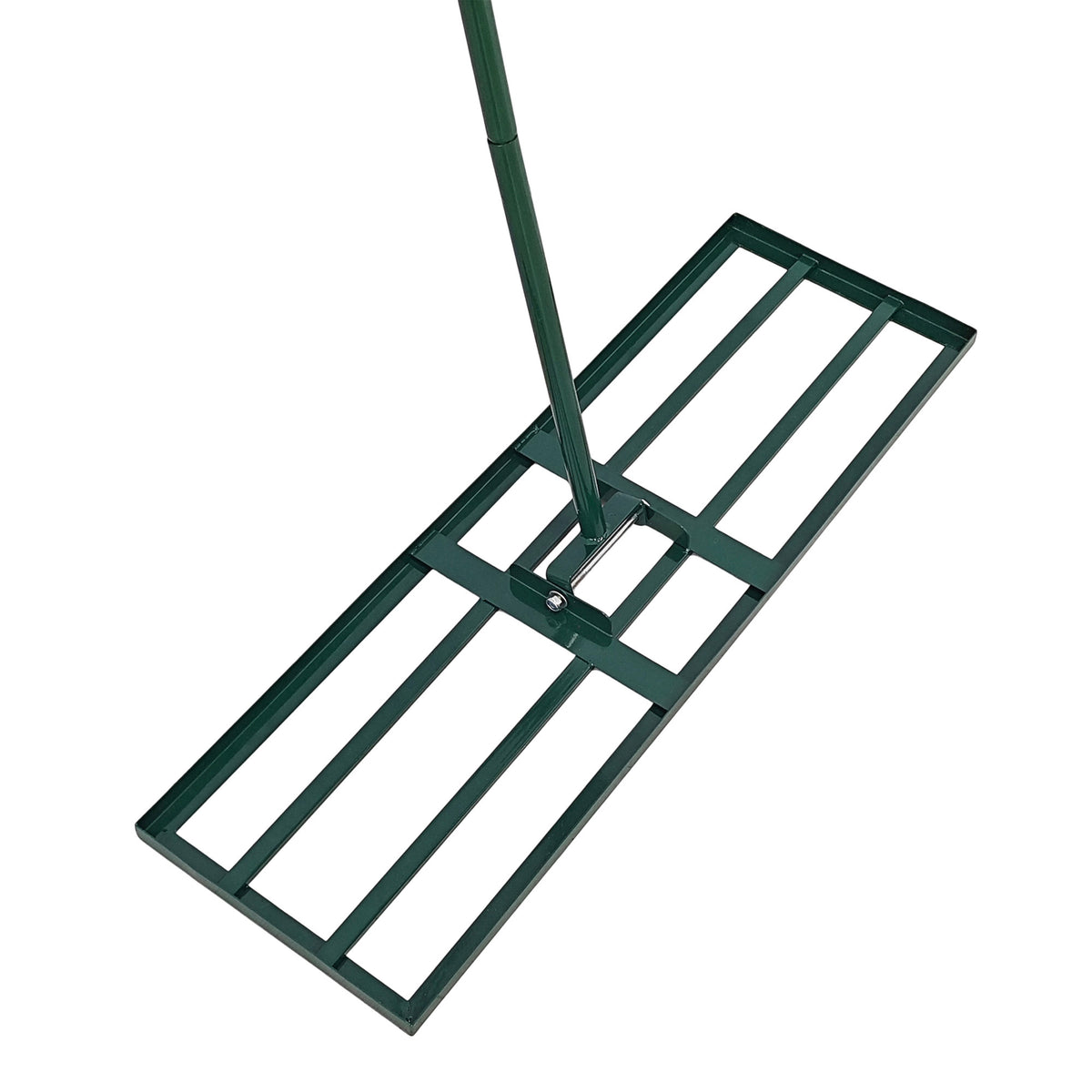 Nivelador de relva de 100 cm em verde, com estrutura metálica retangular e cabo longo, ideal para nivelar gramados e terrenos