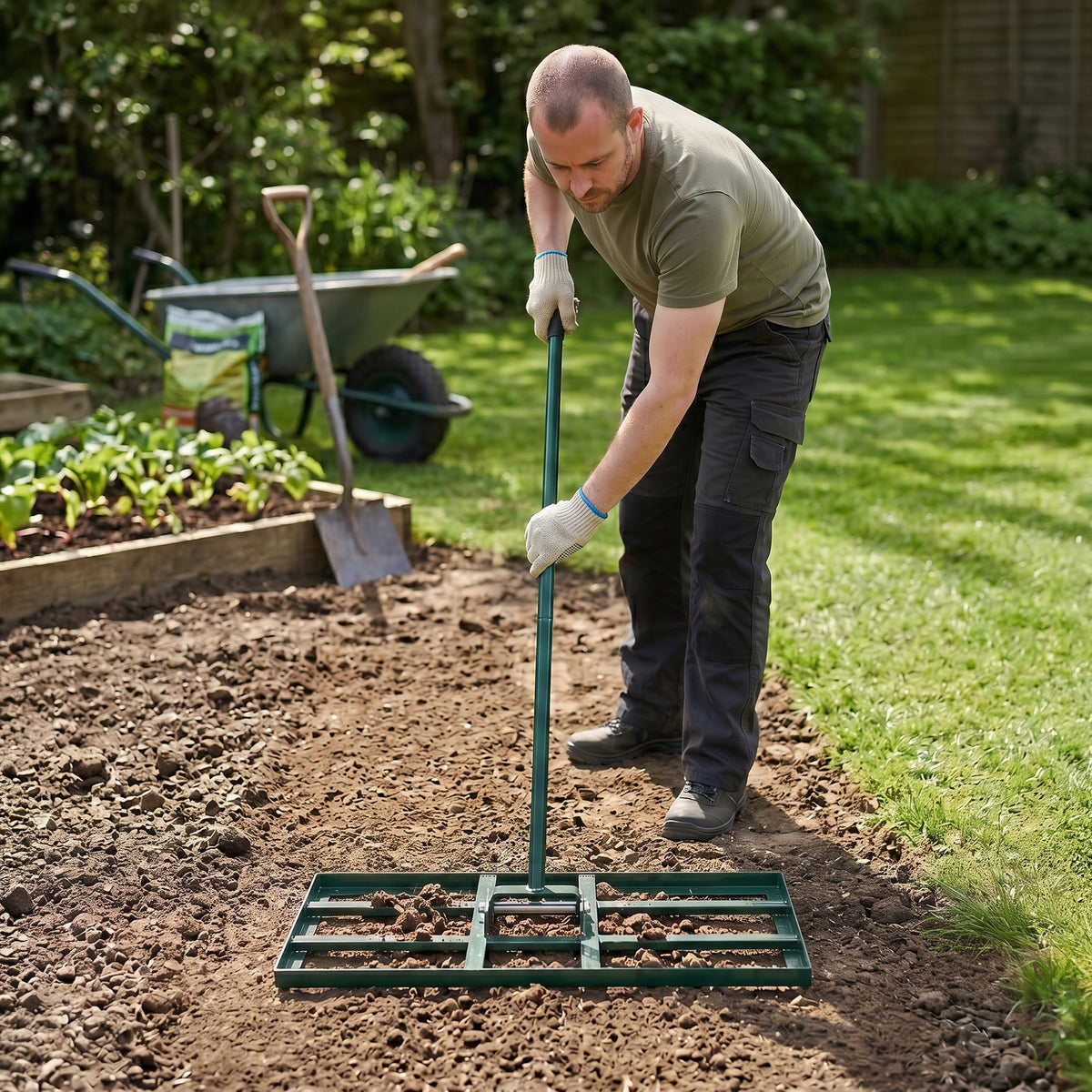 Nivelador de relva verde de 100 cm sendo utilizado por um homem em um jardim, preparando o solo para o plantio com textura uniforme