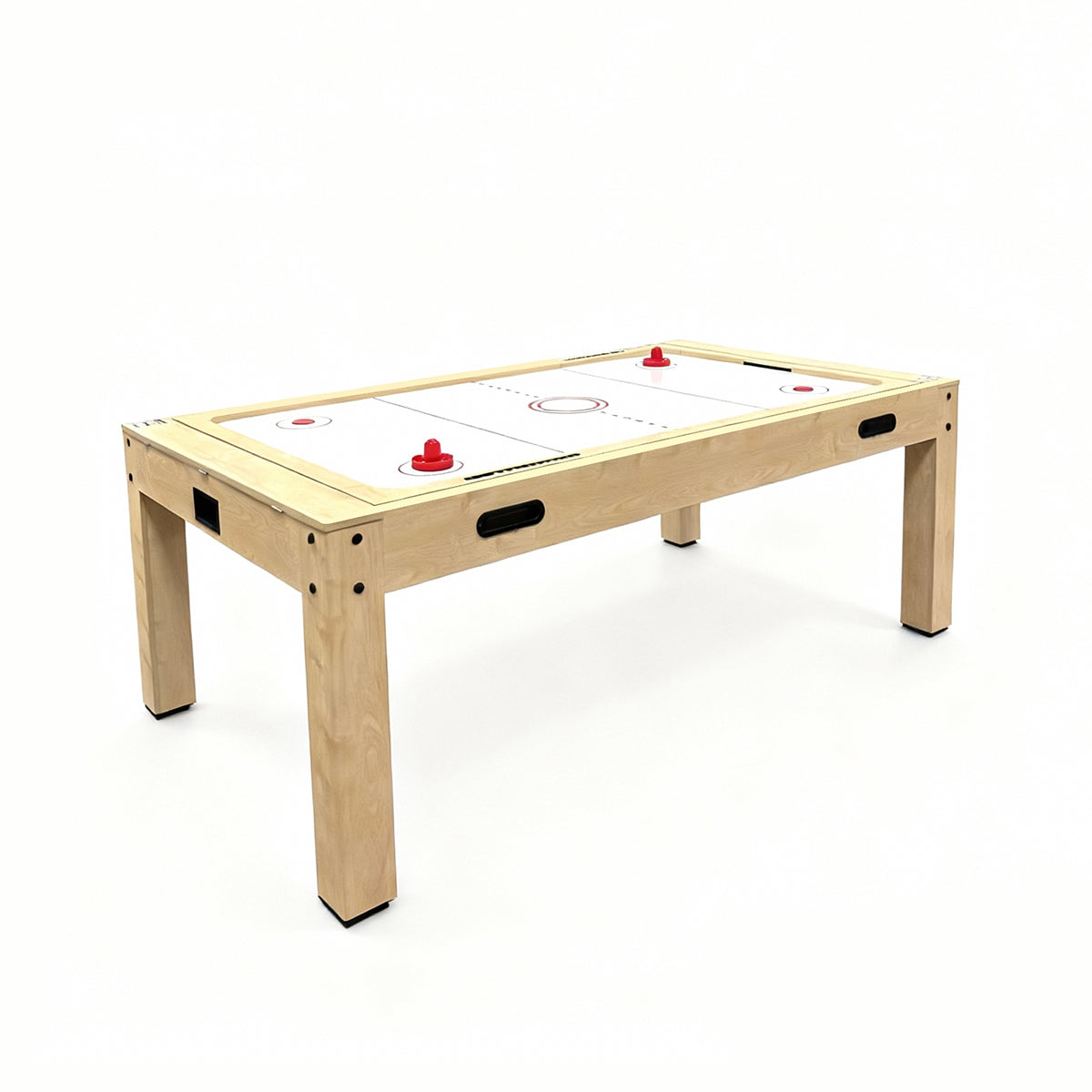 Mesa de jogos em carvalho clara, com superfície branca, detalhes em vermelho, ideal para diversas atividades recreativas e dardos