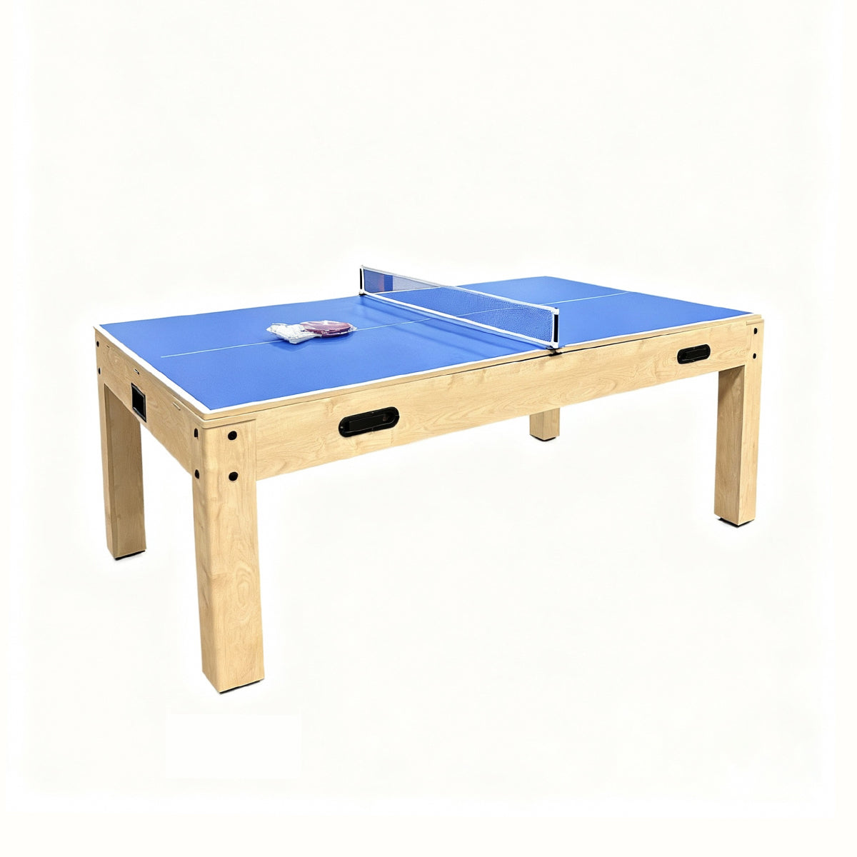 Mesa de jogos 7 em 1 em carvalho, com superfície azul e suporte para rede, ideal para diversas atividades recreativas