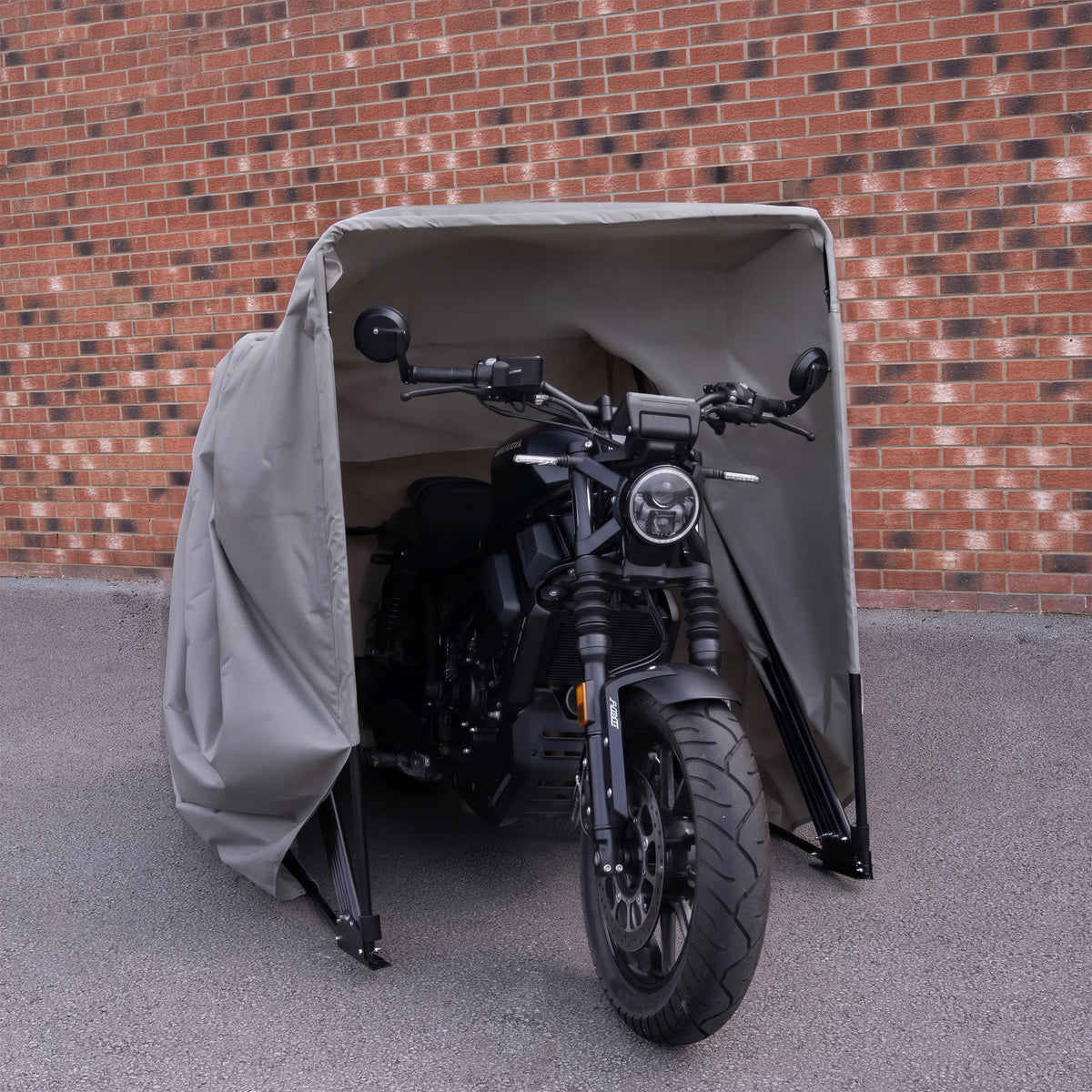 Garagem dobrável cinza para moto, com estrutura resistente, proteção contra intempéries e design prático para armazenamento seguro