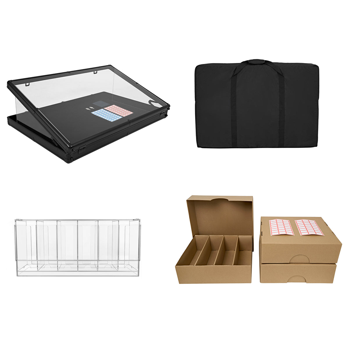 Pack para cartas TCG com vitrine transparente, dispensador preto, caixas de papelão marrom e saco de transporte resistente